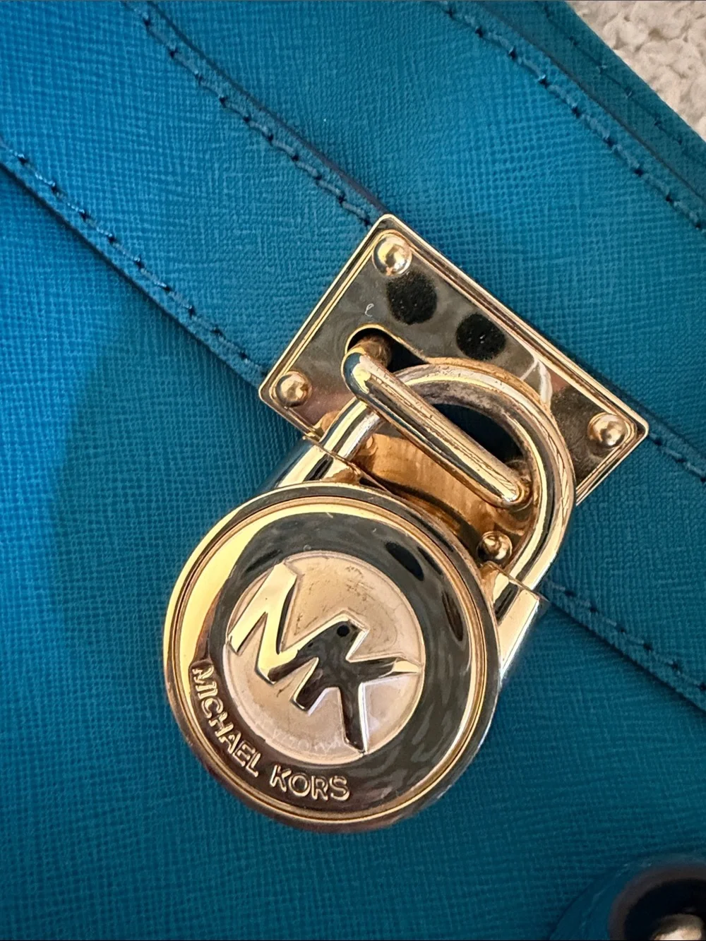 Michael Kors Teal Leather Saffiano Satchel with Gold Hardware